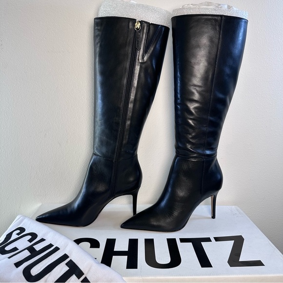 New Schutz Mikki Up Boot in Black leather knee high heel stiletto pointed toe - Picture 4 of 11